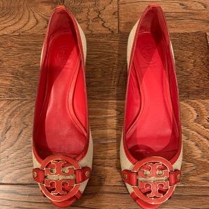 Tory Burch wedges. Size 8.5. Natural/lobster color